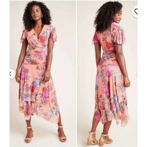 Anthro Maeve Simone Floral Midi Dress Ruffle Hem Boho Romantic Sz M